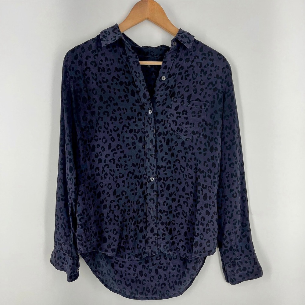 Rails Women's Kate 100% Silk Onyx Cheetah Button Up Long Sleeve Shirt Size XS